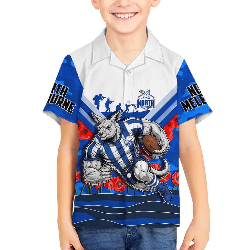 Personalised North Melbourne Kangaroos ANZAC Hawaiian Shirt Military Remembrance Australian Football Mascot Camouflage