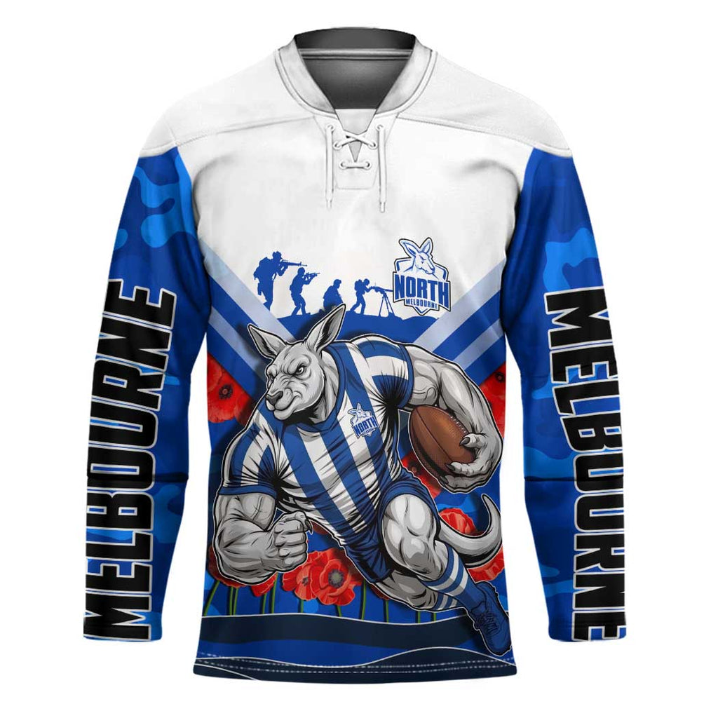Personalised North Melbourne Kangaroos ANZAC Hockey Jersey Military Remembrance Australian Football Mascot Camouflage