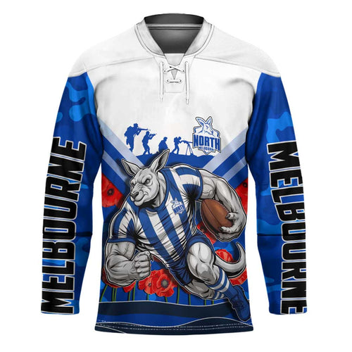 Personalised North Melbourne Kangaroos ANZAC Hockey Jersey Military Remembrance Australian Football Mascot Camouflage
