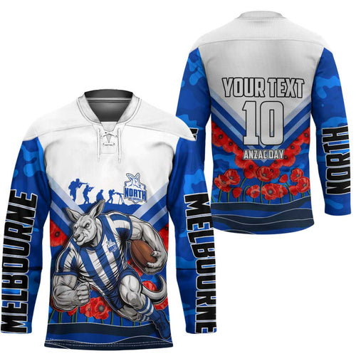 Personalised North Melbourne Kangaroos ANZAC Hockey Jersey Military Remembrance Australian Football Mascot Camouflage
