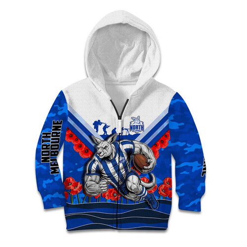 Personalised North Melbourne Kangaroos ANZAC Kid Hoodie Military Remembrance Australian Football Mascot Camouflage