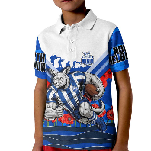 Personalised North Melbourne Kangaroos ANZAC Kid Polo Shirt Military Remembrance Australian Football Mascot Camouflage