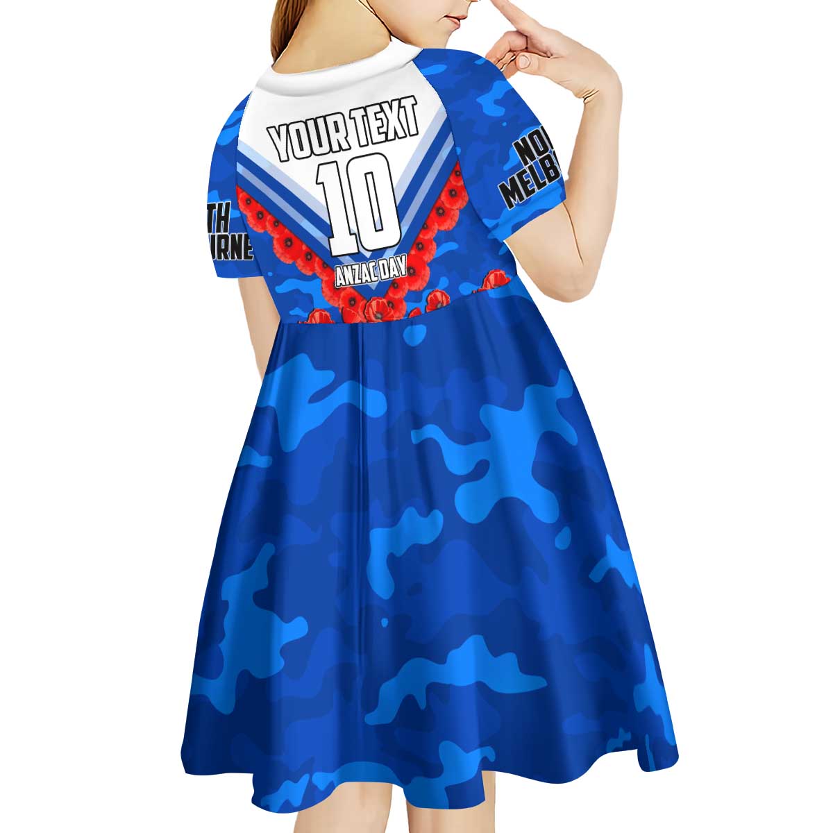 Personalised North Melbourne Kangaroos ANZAC Kid Short Sleeve Dress Military Remembrance Australian Football Mascot Camouflage
