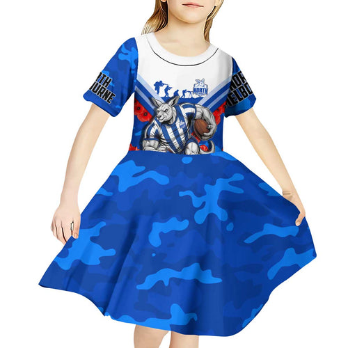 Personalised North Melbourne Kangaroos ANZAC Kid Short Sleeve Dress Military Remembrance Australian Football Mascot Camouflage
