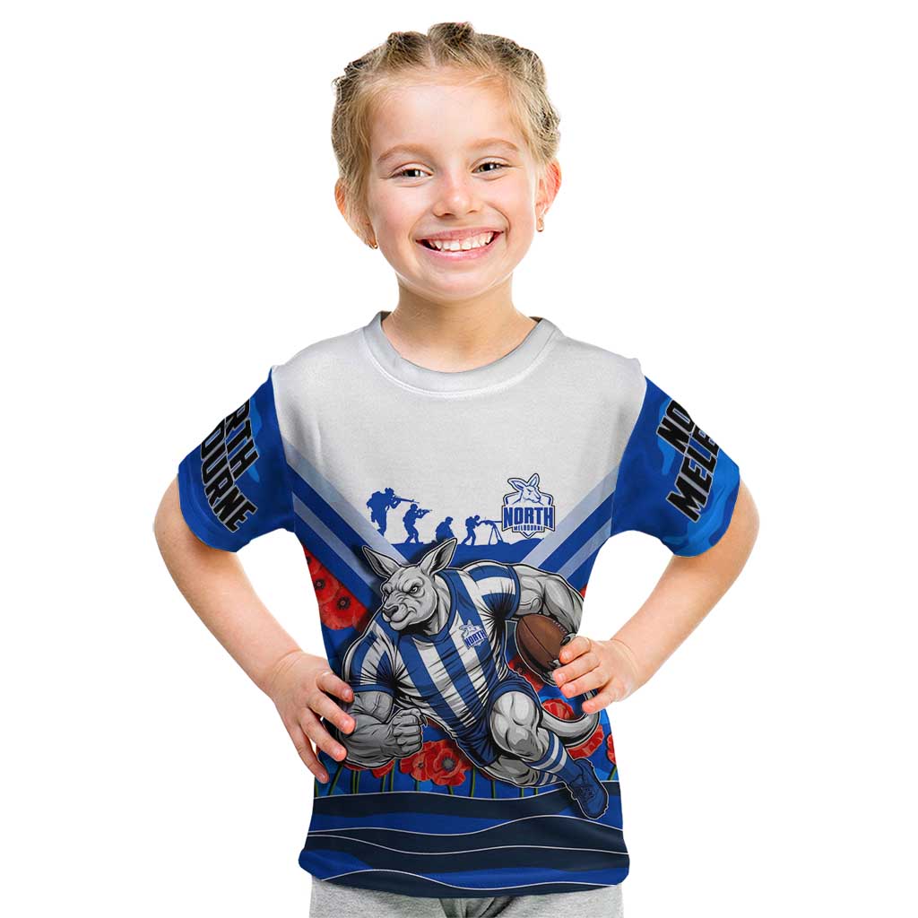 Personalised North Melbourne Kangaroos ANZAC Kid T Shirt Military Remembrance Australian Football Mascot Camouflage