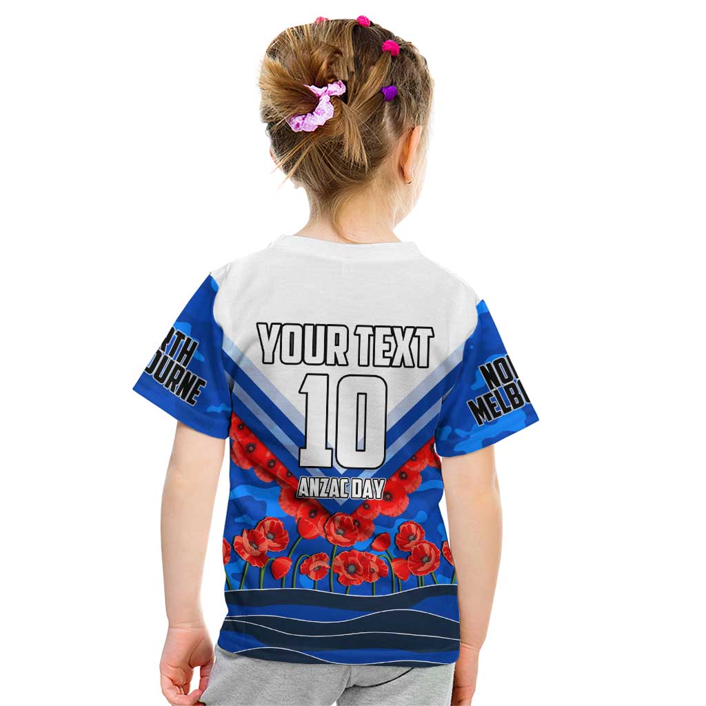 Personalised North Melbourne Kangaroos ANZAC Kid T Shirt Military Remembrance Australian Football Mascot Camouflage