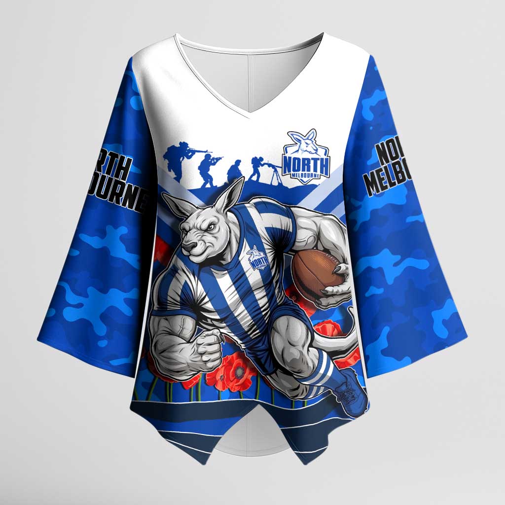 Personalised North Melbourne Kangaroos ANZAC Kimono Sleeve Blouse Military Remembrance Australian Football Mascot Camouflage