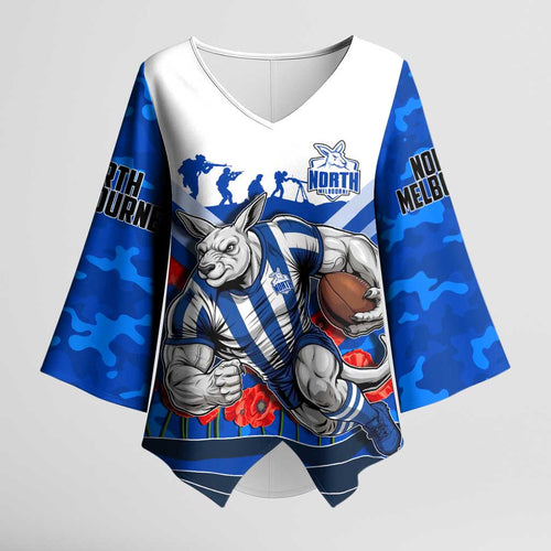 Personalised North Melbourne Kangaroos ANZAC Kimono Sleeve Blouse Military Remembrance Australian Football Mascot Camouflage