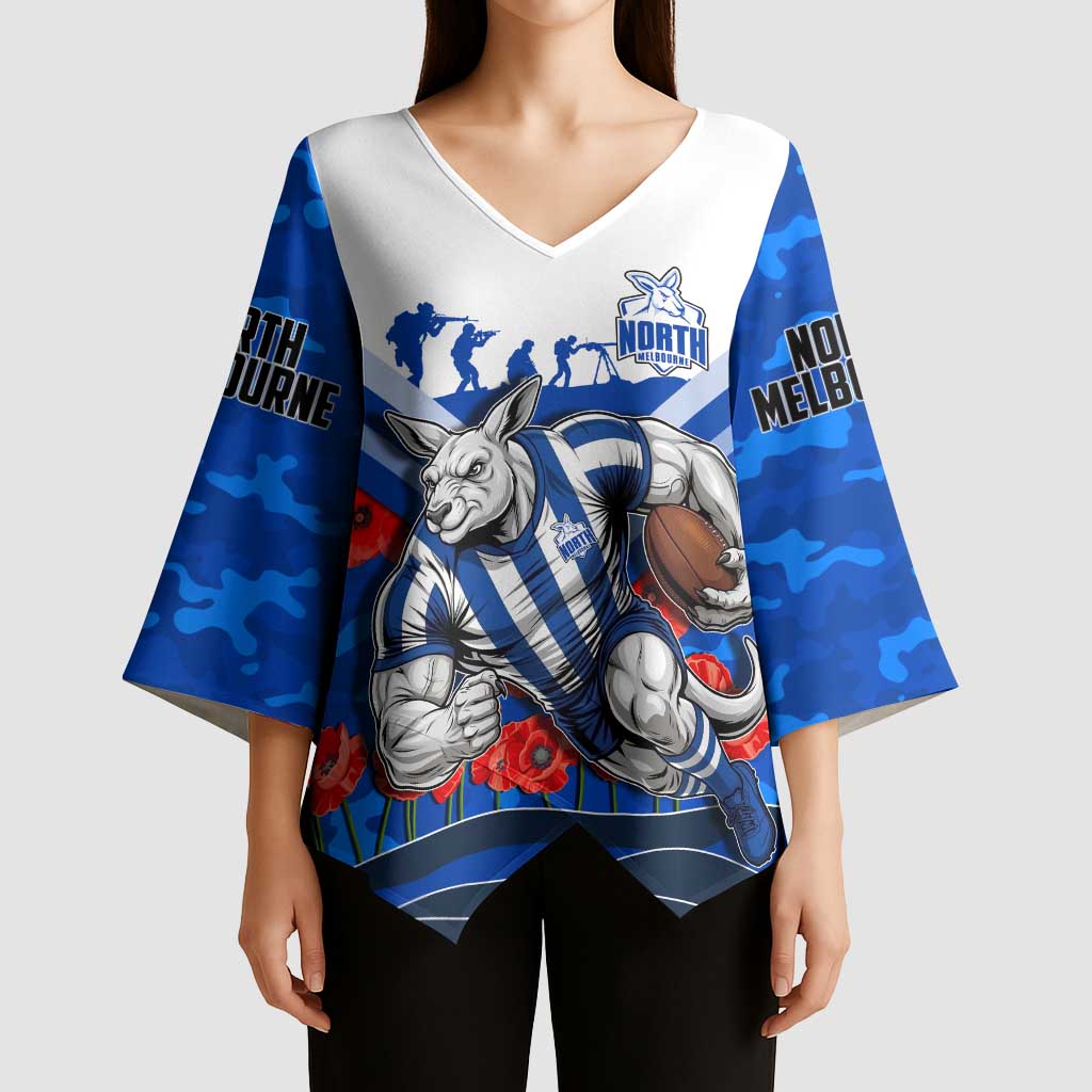 Personalised North Melbourne Kangaroos ANZAC Kimono Sleeve Blouse Military Remembrance Australian Football Mascot Camouflage