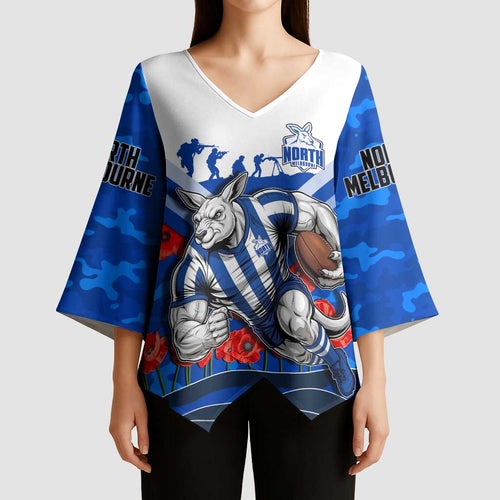 Personalised North Melbourne Kangaroos ANZAC Kimono Sleeve Blouse Military Remembrance Australian Football Mascot Camouflage