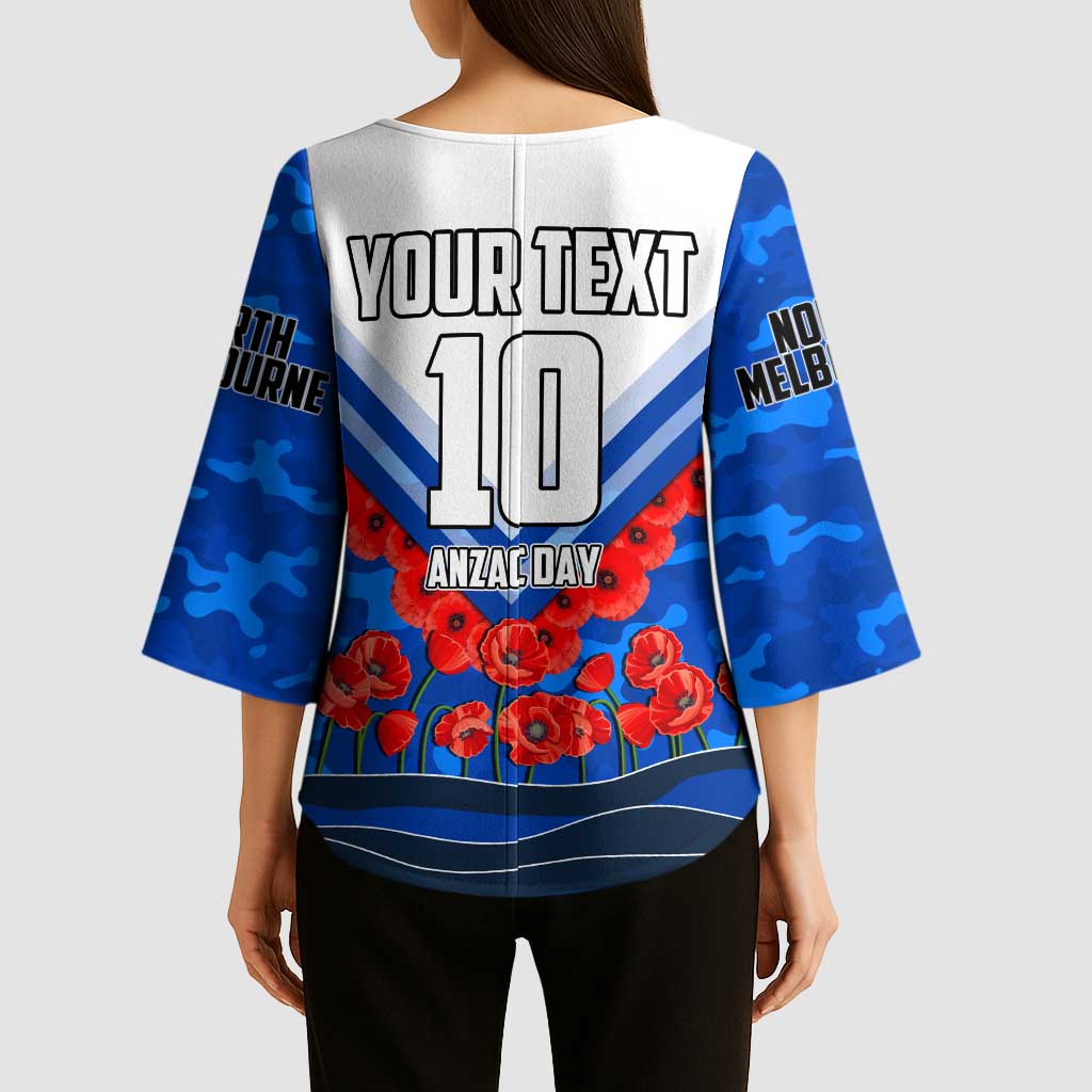 Personalised North Melbourne Kangaroos ANZAC Kimono Sleeve Blouse Military Remembrance Australian Football Mascot Camouflage