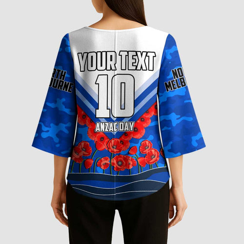 Personalised North Melbourne Kangaroos ANZAC Kimono Sleeve Blouse Military Remembrance Australian Football Mascot Camouflage