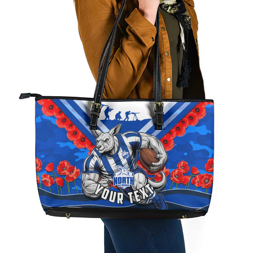 Personalised North Melbourne Kangaroos ANZAC Leather Tote Bag Military Remembrance Australian Football Mascot Camouflage