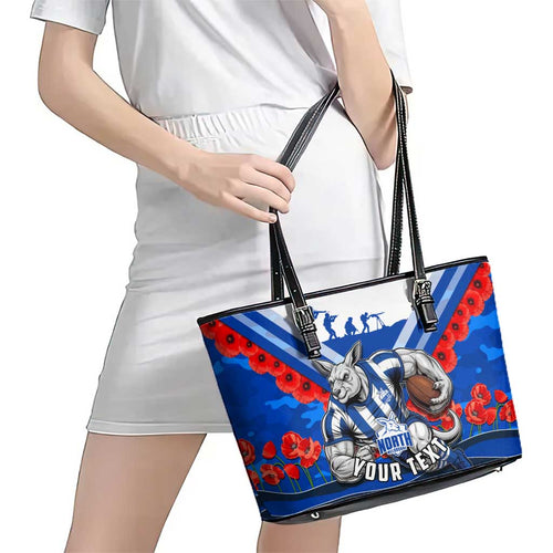 Personalised North Melbourne Kangaroos ANZAC Leather Tote Bag Military Remembrance Australian Football Mascot Camouflage