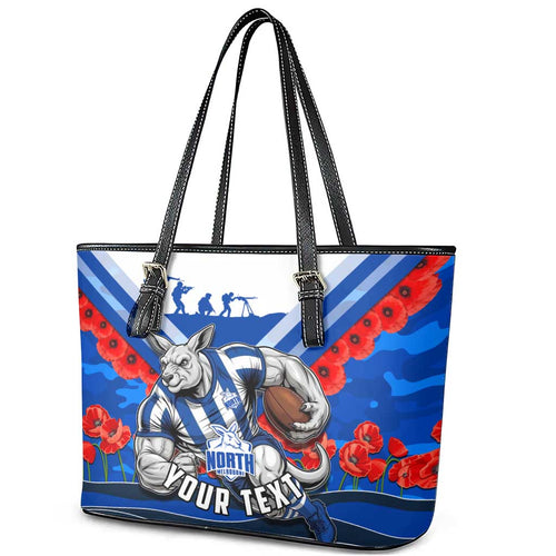 Personalised North Melbourne Kangaroos ANZAC Leather Tote Bag Military Remembrance Australian Football Mascot Camouflage