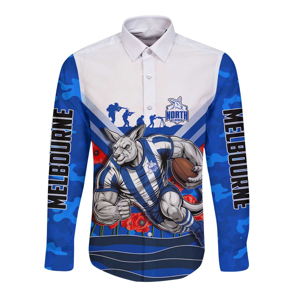 Personalised North Melbourne Kangaroos ANZAC Long Sleeve Button Shirt Military Remembrance Australian Football Mascot Camouflage