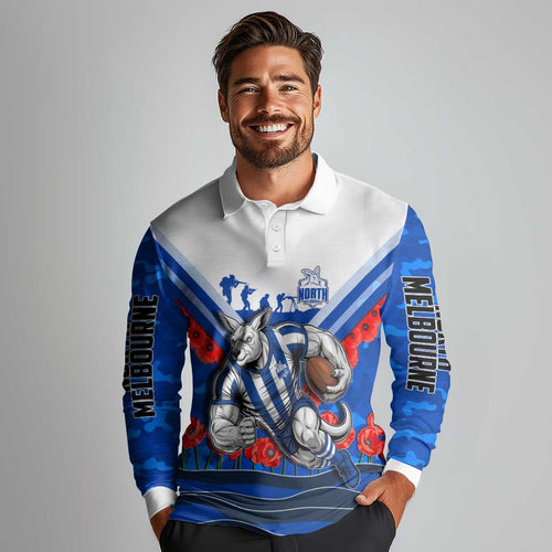 Personalised North Melbourne Kangaroos ANZAC Long Sleeve Polo Shirt Military Remembrance Australian Football Mascot Camouflage