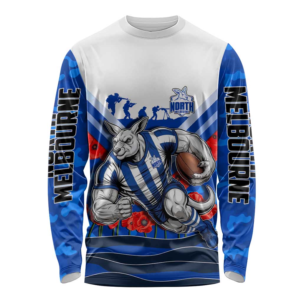 Personalised North Melbourne Kangaroos ANZAC Long Sleeve Shirt Military Remembrance Australian Football Mascot Camouflage