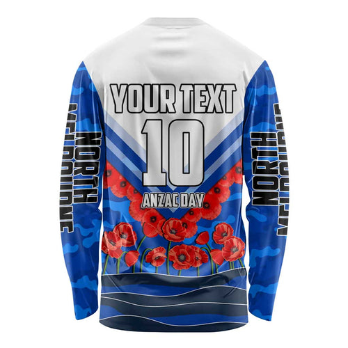 Personalised North Melbourne Kangaroos ANZAC Long Sleeve Shirt Military Remembrance Australian Football Mascot Camouflage