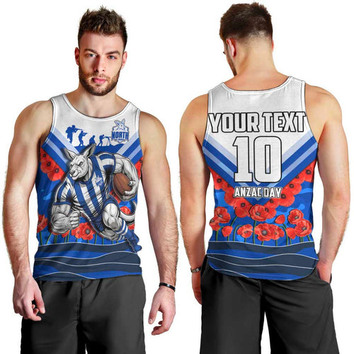 Personalised North Melbourne Kangaroos ANZAC Men Tank Top Military Remembrance Australian Football Mascot Camouflage