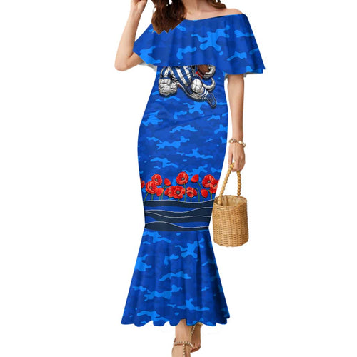 Personalised North Melbourne Kangaroos ANZAC Mermaid Dress Military Remembrance Australian Football Mascot Camouflage