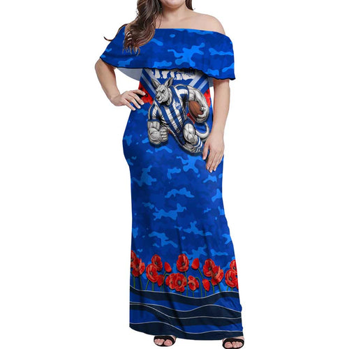 Personalised North Melbourne Kangaroos ANZAC Off Shoulder Maxi Dress Military Remembrance Australian Football Mascot Camouflage
