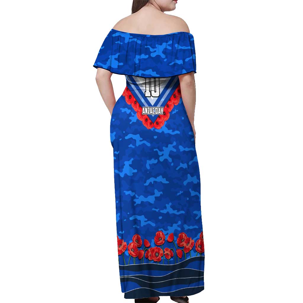 Personalised North Melbourne Kangaroos ANZAC Off Shoulder Maxi Dress Military Remembrance Australian Football Mascot Camouflage