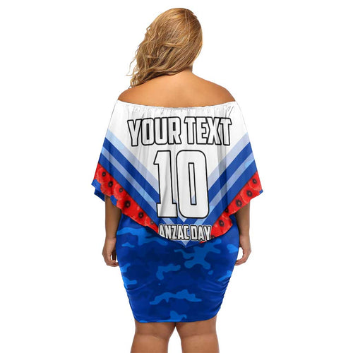 Personalised North Melbourne Kangaroos ANZAC Off Shoulder Short Dress Military Remembrance Australian Football Mascot Camouflage