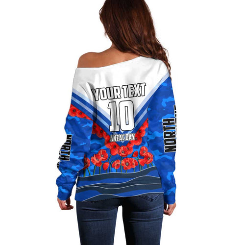Personalised North Melbourne Kangaroos ANZAC Off Shoulder Sweater Military Remembrance Australian Football Mascot Camouflage