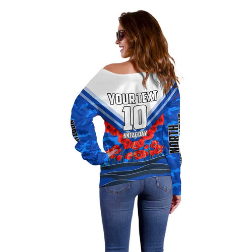 Personalised North Melbourne Kangaroos ANZAC Off Shoulder Sweater Military Remembrance Australian Football Mascot Camouflage