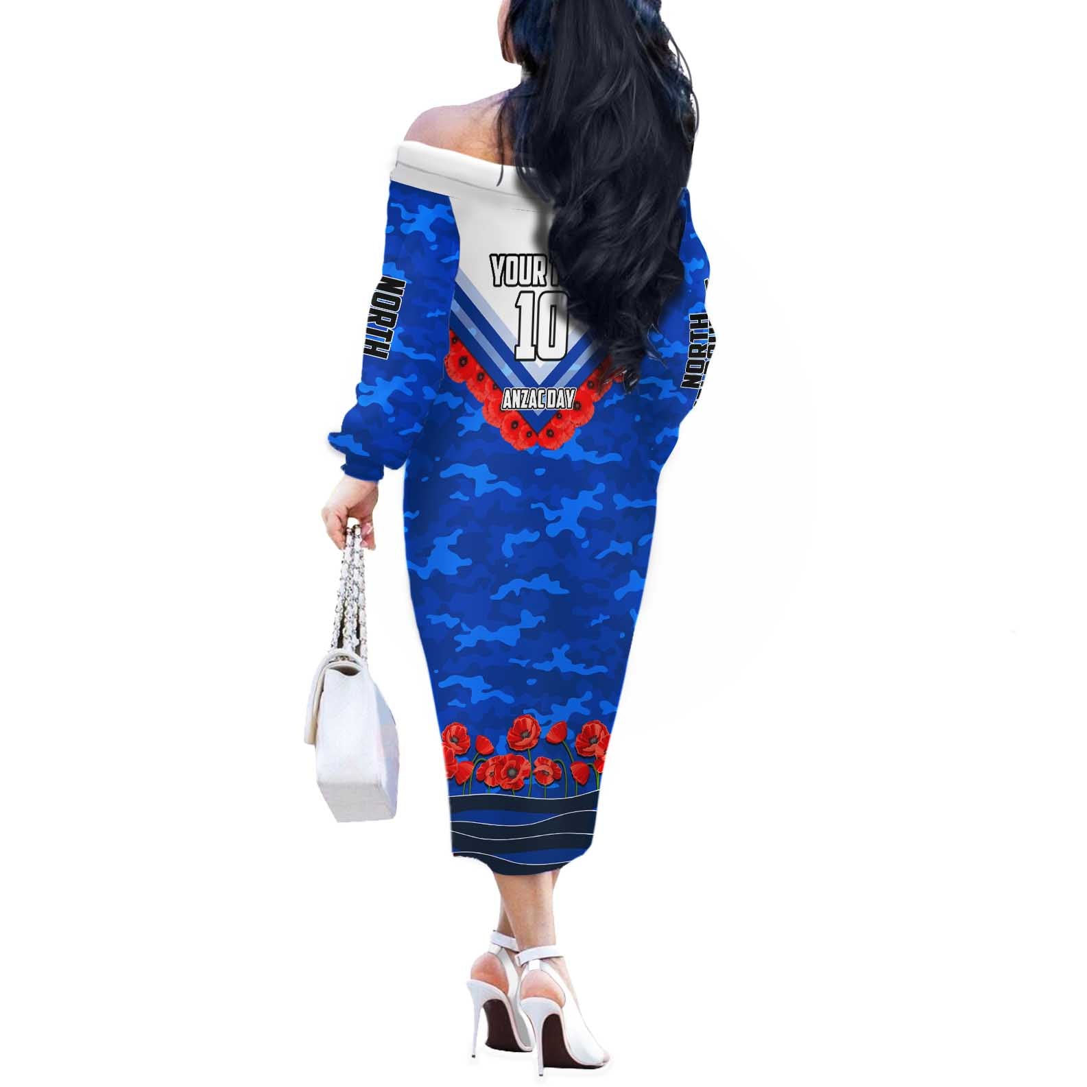 Personalised North Melbourne Kangaroos ANZAC Off The Shoulder Long Sleeve Dress Military Remembrance Australian Football Mascot Camouflage