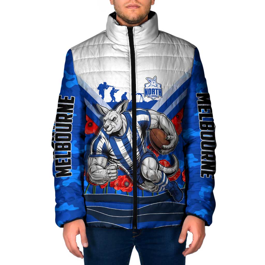 Personalised North Melbourne Kangaroos ANZAC Padded Jacket Military Remembrance Australian Football Mascot Camouflage