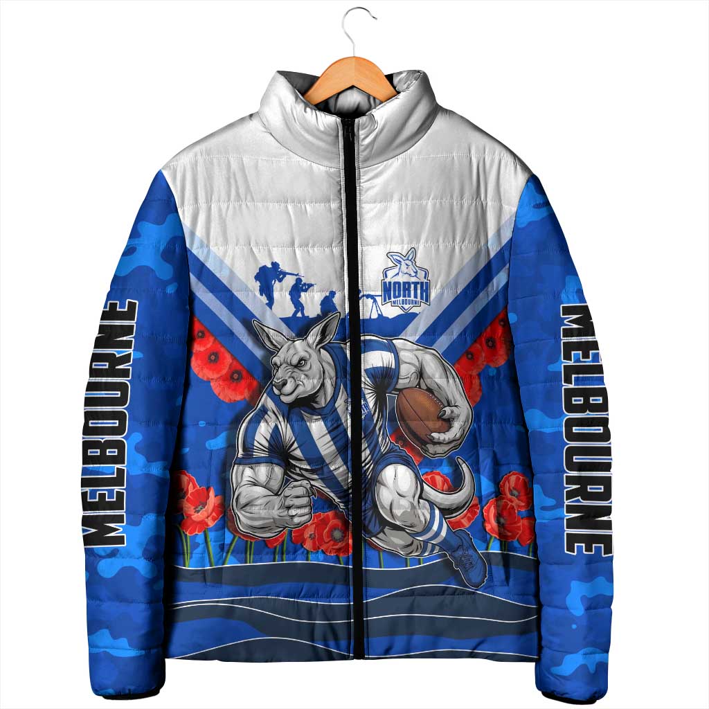 Personalised North Melbourne Kangaroos ANZAC Padded Jacket Military Remembrance Australian Football Mascot Camouflage