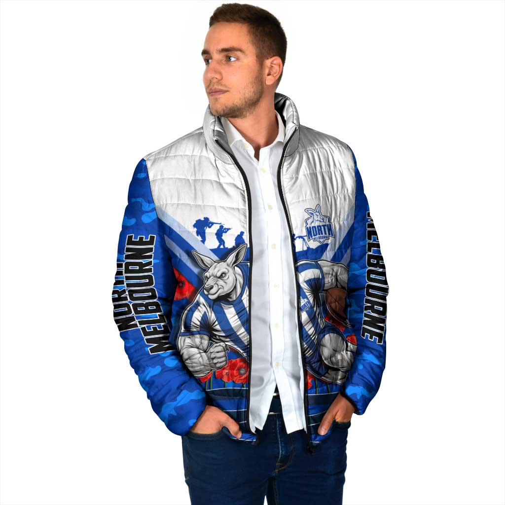 Personalised North Melbourne Kangaroos ANZAC Padded Jacket Military Remembrance Australian Football Mascot Camouflage