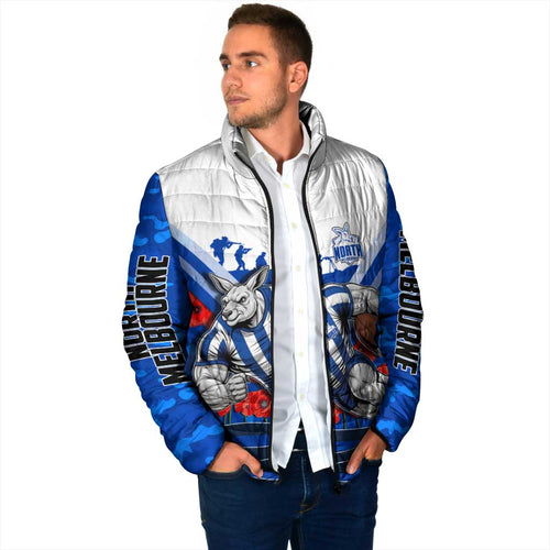 Personalised North Melbourne Kangaroos ANZAC Padded Jacket Military Remembrance Australian Football Mascot Camouflage