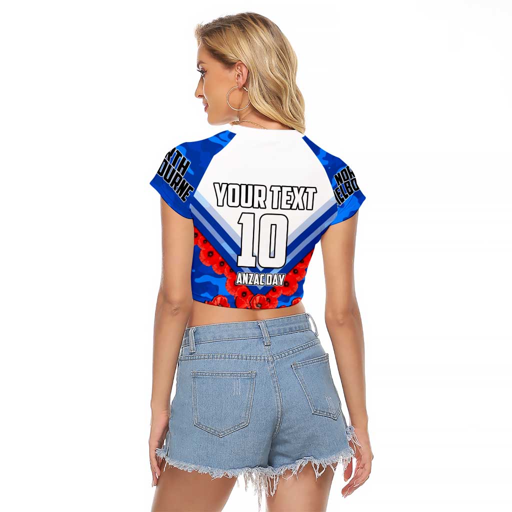 Personalised North Melbourne Kangaroos ANZAC Raglan Cropped T Shirt Military Remembrance Australian Football Mascot Camouflage