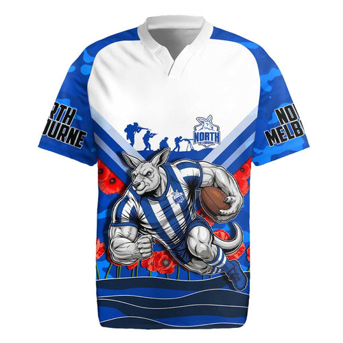 Personalised North Melbourne Kangaroos ANZAC Rugby Jersey Military Remembrance Australian Football Mascot Camouflage