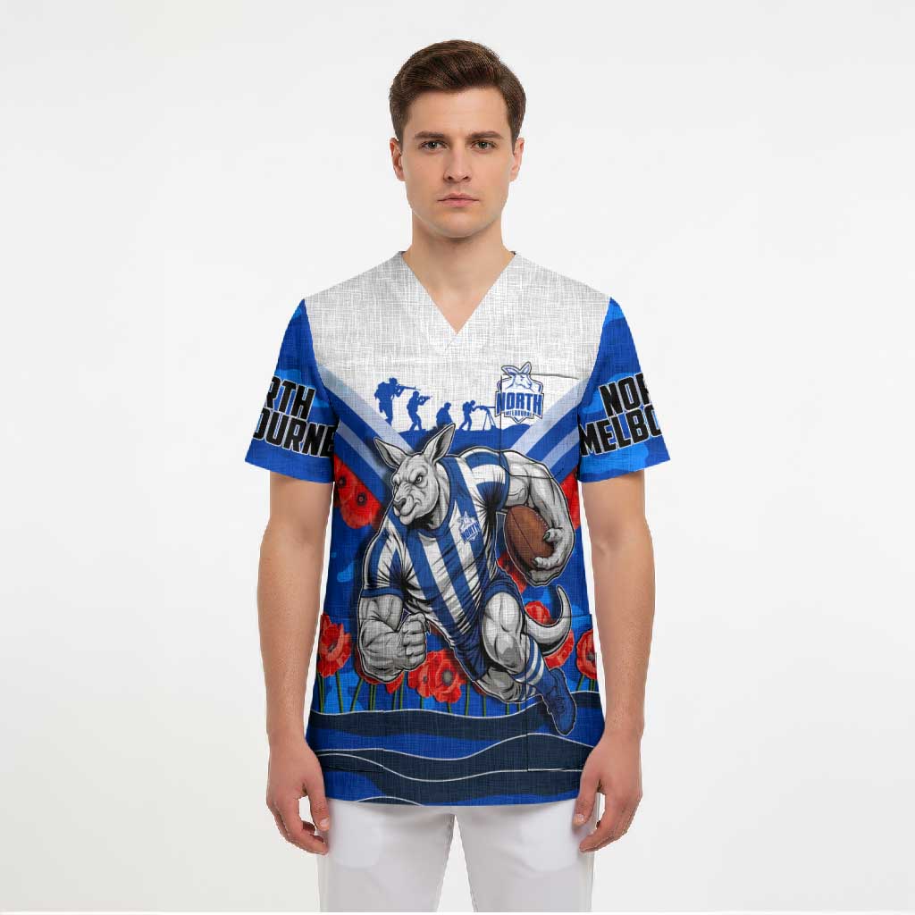 Personalised North Melbourne Kangaroos ANZAC Scrub Top Military Remembrance Australian Football Mascot Camouflage
