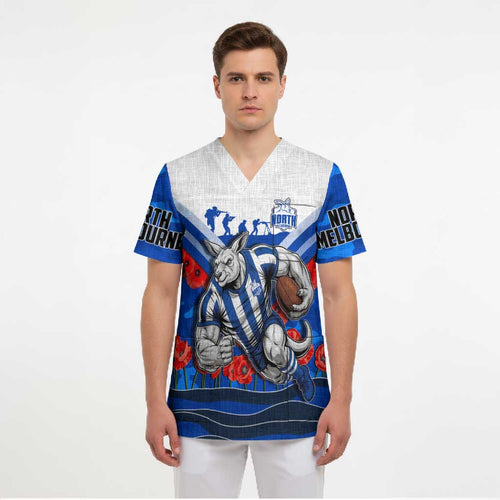 Personalised North Melbourne Kangaroos ANZAC Scrub Top Military Remembrance Australian Football Mascot Camouflage
