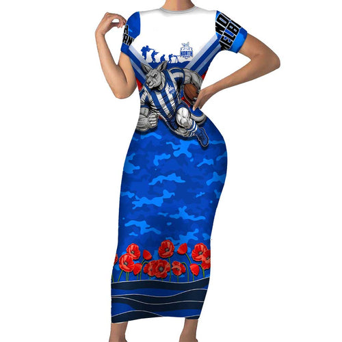 Personalised North Melbourne Kangaroos ANZAC Short Sleeve Bodycon Dress Military Remembrance Australian Football Mascot Camouflage