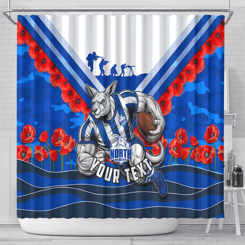 Personalised North Melbourne Kangaroos ANZAC Shower Curtain Military Remembrance Australian Football Mascot Camouflage
