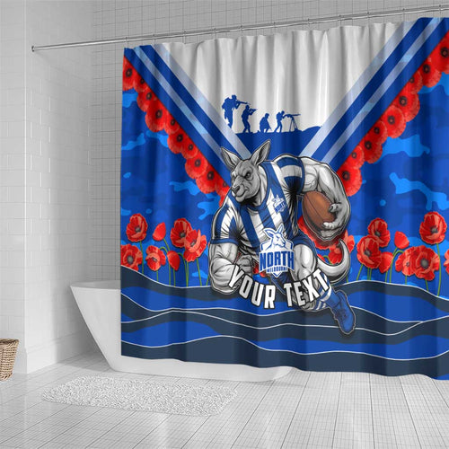 Personalised North Melbourne Kangaroos ANZAC Shower Curtain Military Remembrance Australian Football Mascot Camouflage