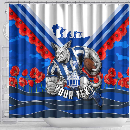 Personalised North Melbourne Kangaroos ANZAC Shower Curtain Military Remembrance Australian Football Mascot Camouflage