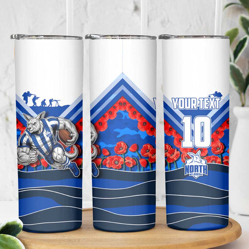 Personalised North Melbourne Kangaroos ANZAC Skinny Tumbler Military Remembrance Australian Football Mascot Camouflage