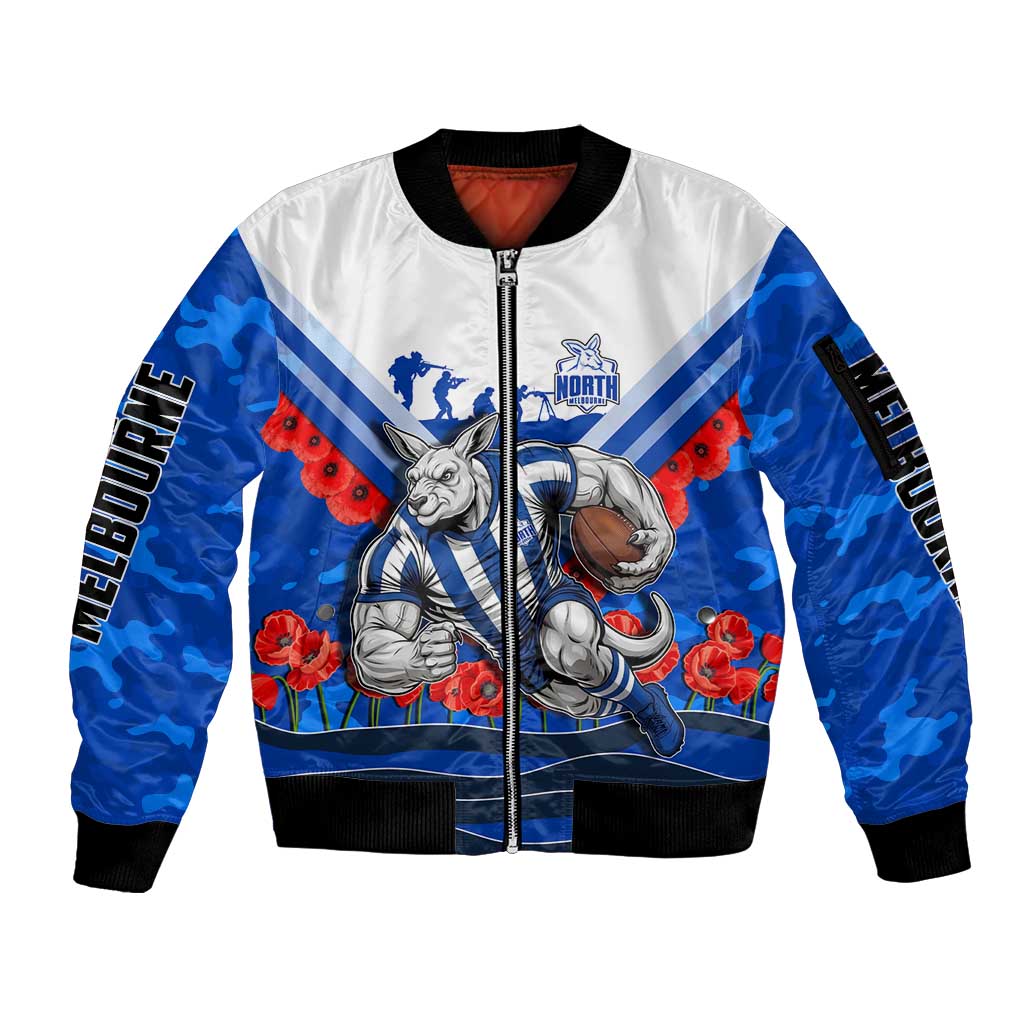Personalised North Melbourne Kangaroos ANZAC Sleeve Zip Bomber Jacket Military Remembrance Australian Football Mascot Camouflage
