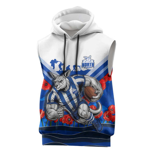 Personalised North Melbourne Kangaroos ANZAC Sleeveless Hoodie Military Remembrance Australian Football Mascot Camouflage