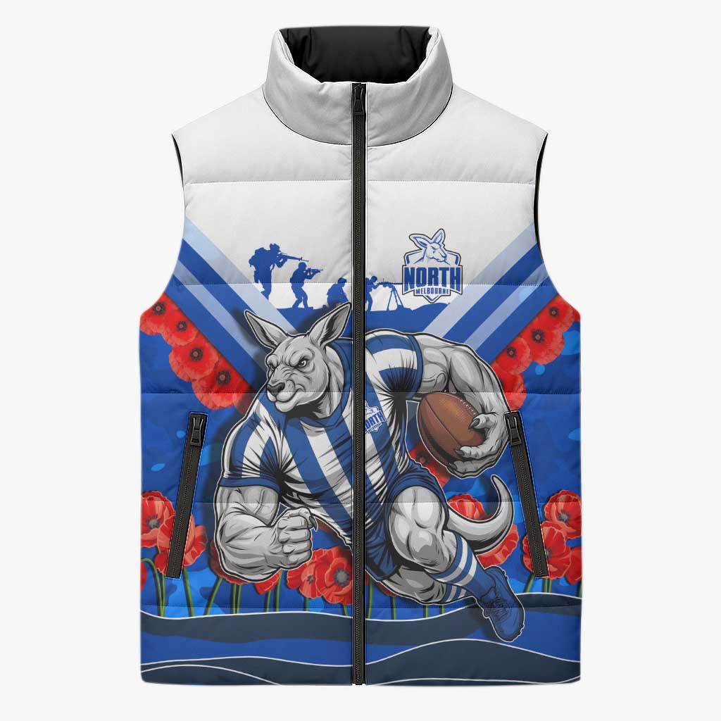 Personalised North Melbourne Kangaroos ANZAC Sleeveless Puffer Jacket Military Remembrance Australian Football Mascot Camouflage