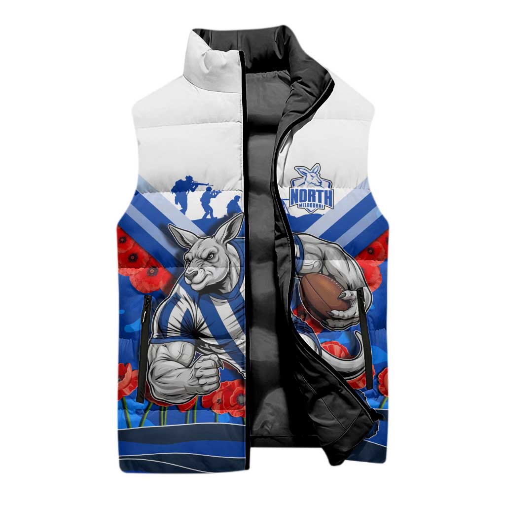 Personalised North Melbourne Kangaroos ANZAC Sleeveless Puffer Jacket Military Remembrance Australian Football Mascot Camouflage