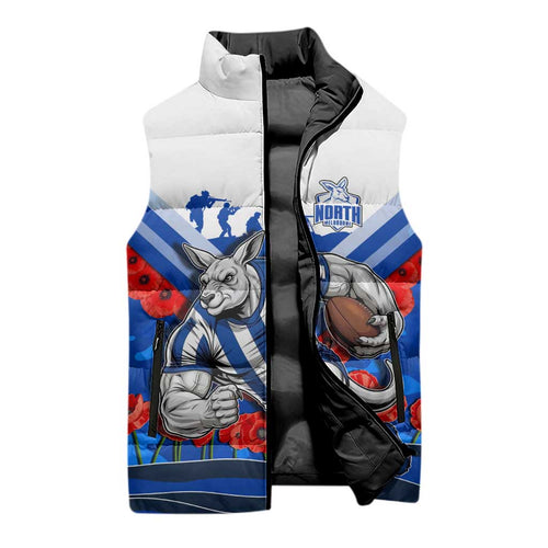 Personalised North Melbourne Kangaroos ANZAC Sleeveless Puffer Jacket Military Remembrance Australian Football Mascot Camouflage