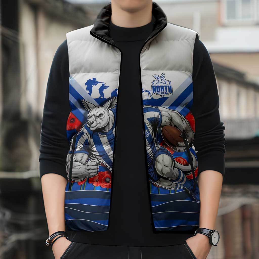 Personalised North Melbourne Kangaroos ANZAC Sleeveless Puffer Jacket Military Remembrance Australian Football Mascot Camouflage